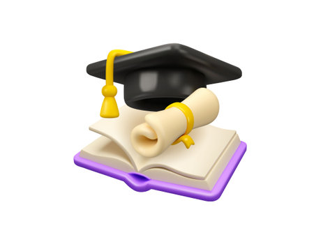 University learning vector 3d icon. Graduation hat with diploma scroll and opened book, higher education promotion concept. Study online, certified courseのイラスト素材