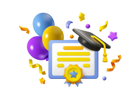 Graduate celebration vector 3d illustration. Graduation party, diploma with academic hat, balloons and confetti icon isolated on white backgroundのイラスト素材