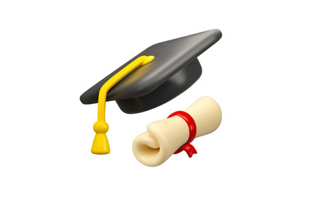 High school learning vector 3d icon. Graduate hat with diploma scroll and opened book, higher education promotion concept. Study online, academic degree symbolのイラスト素材