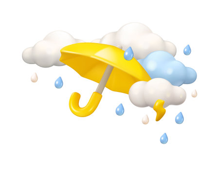 Umbrella with rain and clouds vector 3d design. Cartoon yellow parasol illustration with thunderstorm, isolated on white background. Clouds, lightning and raindrops in skyのイラスト素材