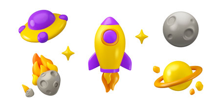 Space icon set vector 3d. Cartoon design elements rocket, ufo, asteroid and planets isolated on...