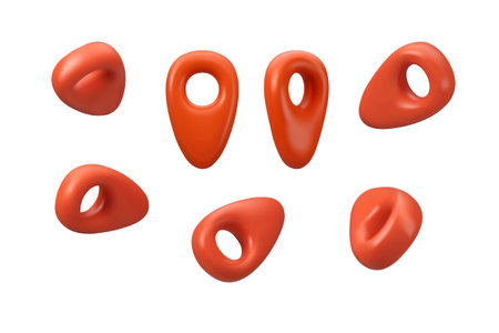 Red map pin icon set in different positions. Vector 3d pointer showing destination location. Cartoon...