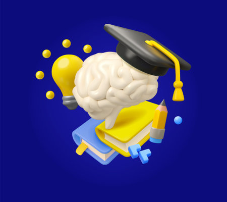 School or university science education concept. Vector 3d cartoon brain in graduation hat with light bulb and books isolated on dark background. Biology or anatomy class icon designのイラスト素材