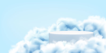 Podium in sky realistic background. Platform for product display in clouds or blue smoke. Vector 3d stand mockup in white fogのイラスト素材