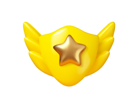 Cartoon Shield vector 3d icon. Yellow award badge with wings and gold star isolated on white background. Level up or high rank trophy symbolのイラスト素材