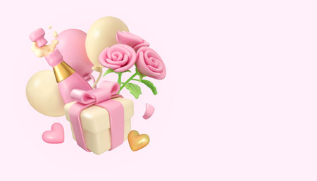 Valentines Day vector 3d cartoon banner template. Cute plastic gift box, champagne bottle, balloons and rose bouquet. Pink pastel Mothers Day designのイラスト素材