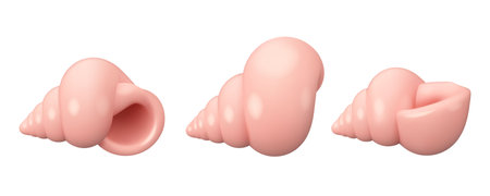 Vector 3d seashell collection. Pink or coral colored conch, cute cartoon simple isolated icon set. Sea animal illustration on white background, aquarium clipartのイラスト素材