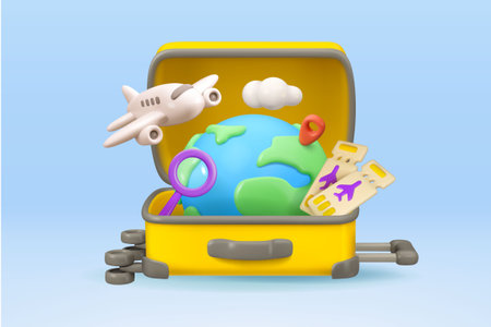 Airplane travel vector 3d banner design. Open suitcase with plane, tickets. map pin and search magnifier. Summer vacation cartoon concept.のイラスト素材