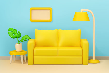 Room interior vector 3d illustration. Cartoon home furniture design. Yellow sofa, floor lamp, house plant on coffee table. Apartment sceneのイラスト素材
