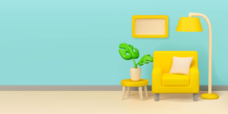 Room interior vector 3d banner template. House furniture illustration template. Armchair, floor lamp, plant in pot on coffee table. Painting hanging on wallのイラスト素材