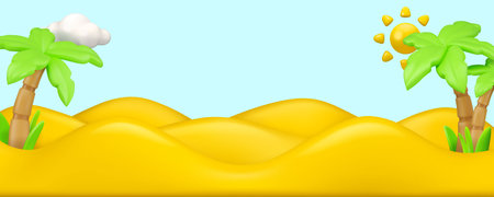 Sand dunes with palm trees background vector 3d banner template. Cartoon yellow desert illustration, cute beach landscape. Summer banner backdrop with cloud and sunのイラスト素材