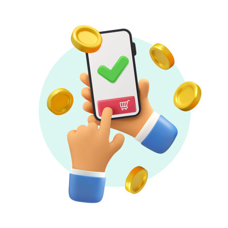 Online shopping vector 3d illustration. Cartoon mobile phone in hands, payment in app icon. Smartphone purchase concept with gold coins flyingのイラスト素材