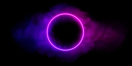 Neon pink circle with smoke. Vector purple ring glowing in clouds. Abstract realistic backgroundのイラスト素材
