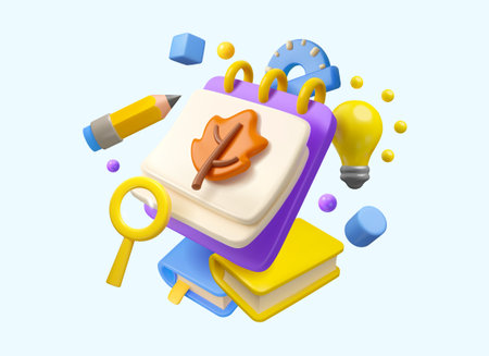 Back to school vector 3d illustration. Autumn calendar with education stationery flying. September learning start conceptのイラスト素材
