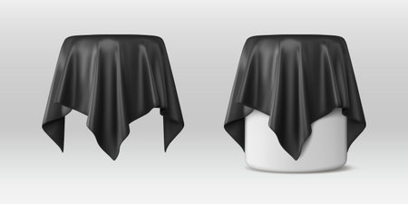 Black cloth covering podium realistic vector illustration. Box hidden under the silk fabricのイラスト素材