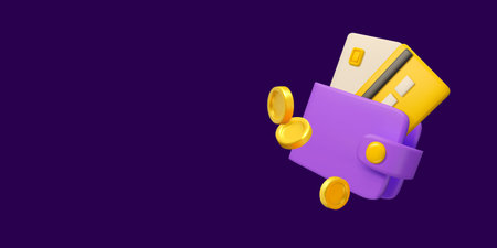 Credit card in wallet vector 3d banner. Finance concept. Bank account deposit design on dark...