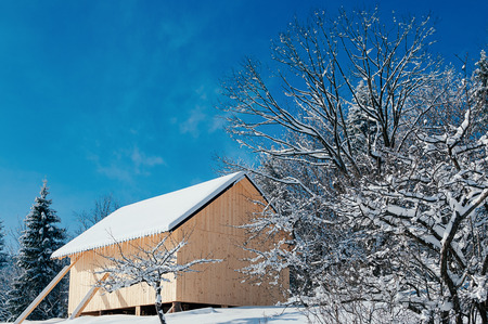 Winter landscape of snow covered tree branches against colorful blue sky. Wooden country store house with snow-capped roof, forest in the backgroundの写真素材