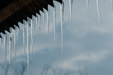 Long bright transparent icicles against spring blue sky, hanging from wooden roof.  Selective focus. Trees in the backdrop. Copy space for text and designの写真素材