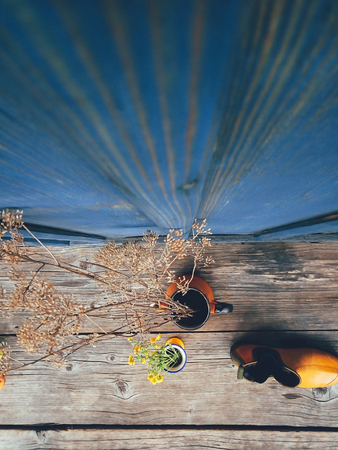 Dry flowers in orange metal jug, yellow fresh flowers, and a rubber boot, on blue wooden veranda background. Daylight. Still life in rustic style. Countryside lifestyle concept. Selective focus Top viewの写真素材