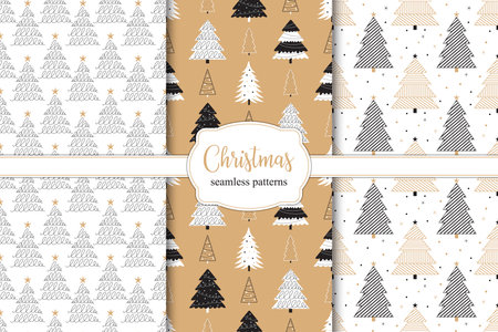 Set of different seamless patterns with Christmas trees.のイラスト素材