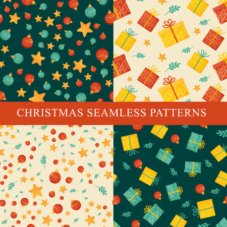 4 christmas seamless patterns in retro style.のイラスト素材