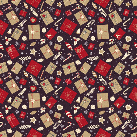 Festive seamless pattern with Christmas gifts, candies and Christmas decorations on a dark background with snowflakes.のイラスト素材