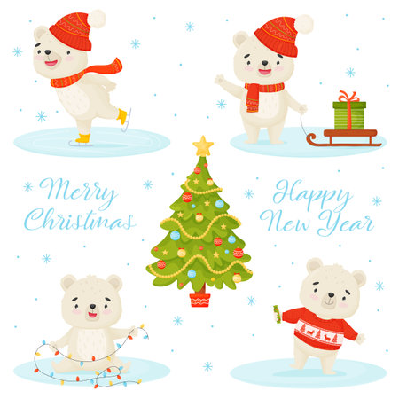 Happy Christmas and Happy New Year. Vector set with a character. White bear in different poses, Christmas tree and lettering on a white background.のイラスト素材