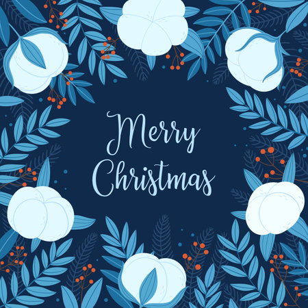 Merry Christmas. Festive card with cotton twigs, fir branches, leaves and berries.のイラスト素材