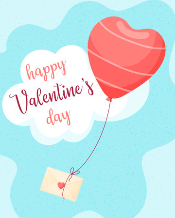 Happy Valentines day envelope with a letter flying in a balloon in the shape of a heart on a background of blue sky and clouds.のイラスト素材