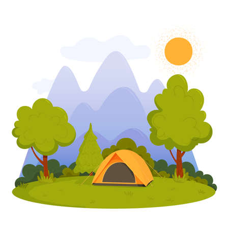 Summer camping. Sunny day landscape with a tent, mountains, forest and sun.のイラスト素材