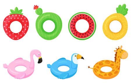 Set of rubber colorful inflatable swimming rings. Strawberry, cactus, pineapple, watermelon, pink flamingo, giraffe and toucan.のイラスト素材