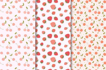 Set of seamless patterns with summer fruits. cherries, strawberries, flowers and leaves on a white and light pink background.の写真素材