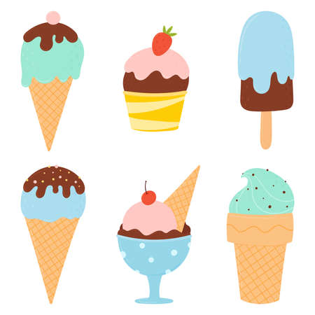 Ice cream set. Modern vector hand drawn illustrations of ice cream in different shapes with fillings, chocolate and fruits.のイラスト素材