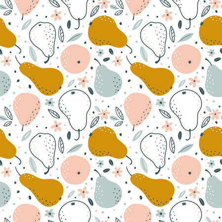 Seamless pattern with pears in Scandinavian style on a white background.