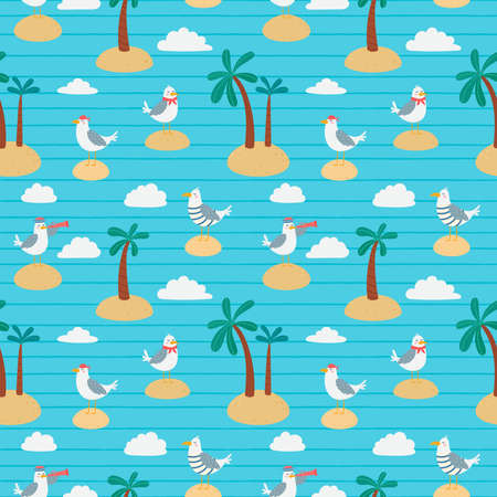 Seamless marine pattern with funny seagulls and palm trees.のイラスト素材