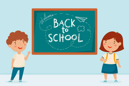Back to school. Cute kids at the school board and the inscription.のイラスト素材