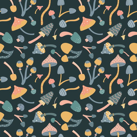Vector autumn seamless pattern with cute mushrooms. A repeating texture with natural elements for the fall season.のイラスト素材