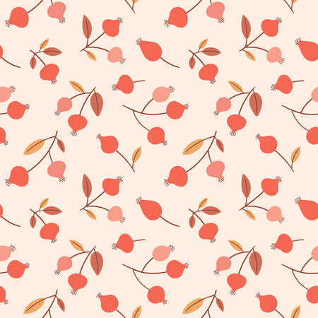 Autumn seamless pattern with stylized rose hips. Cute design for fabric, textile and autumn decor.