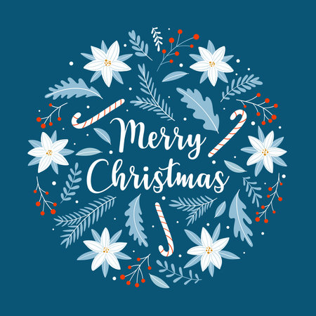 Christmas card with flowers, leaves, branches and lollipops on a blue background. Circle ornament in Scandinavian style.のイラスト素材