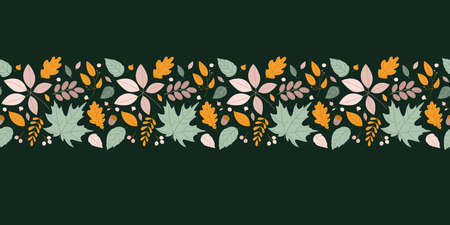 Seamless border with a variety of autumn leaves and berries. Flat style, dark green background.のイラスト素材
