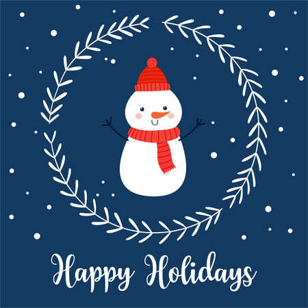 Happy Holidays. Christmas card with funny snowman, decorative wreath and lettering in simple cartoon style.のイラスト素材