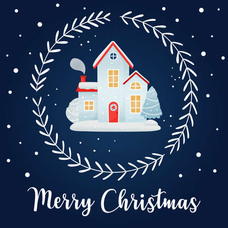 Merry Christmas. Christmas card with winter houses, a decorative wreath and an inscription on a dark blue background. Flat cartoon style.のイラスト素材