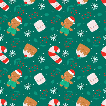 Christmas seamless pattern with cute characters. Christmas cupcake, ginger man, marshmallow and...