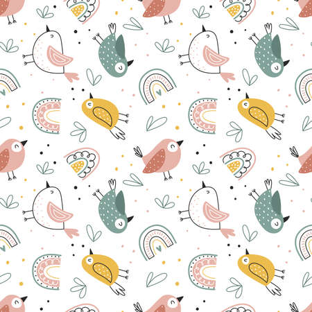 Childish seamless pattern with cute birds and rainbows on a white background. Childish seamless background in the Scandinavian styleのイラスト素材