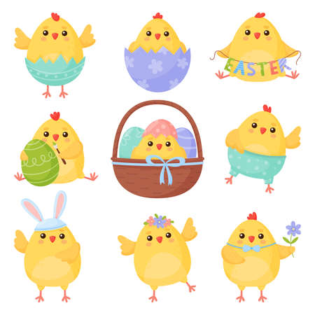 Cute easter chick cartoon character set, Adorable little chick in different situations.のイラスト素材