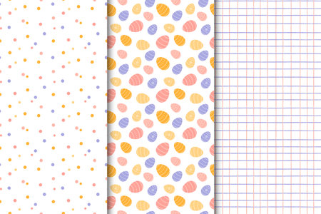 Set of Easter patterns. Easter eggs with different patterns, checkered background, polka dot background.のイラスト素材
