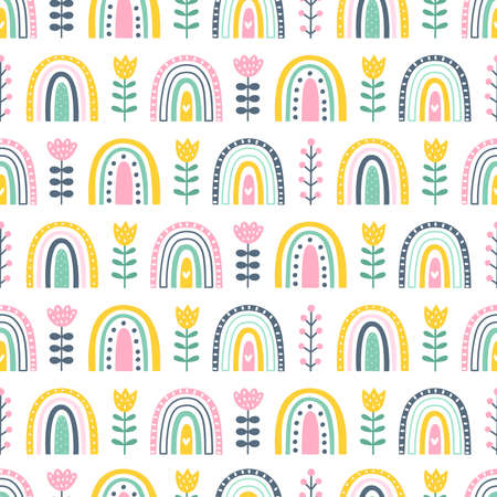 Rainbows and flowers seamless pattern. Summer kids vector background.のイラスト素材