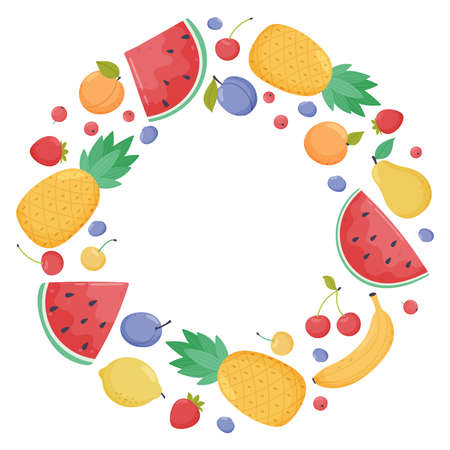 Round frame of fresh tropical and garden fruits and berries. Organic vegan food.のイラスト素材
