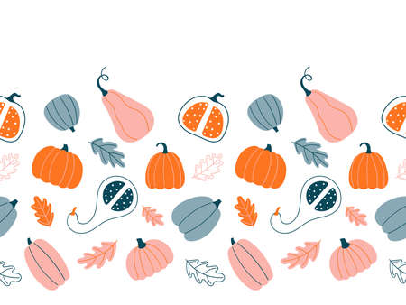 Seamless border with various pumpkins and autumn leaves. Autumn design in a simple hand-drawn style.のイラスト素材