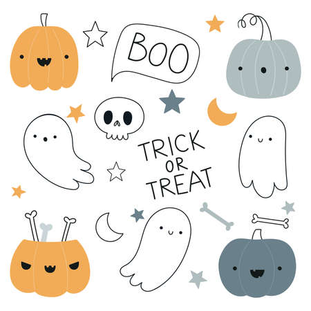 set with handwritten text and cute halloween symbols ghosts, pumpkins, skull and stars.のイラスト素材